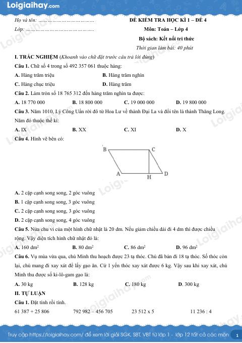 Đề kiểm tra học kì 1 Toán 4 Kết nối tri thức - Đề số 4